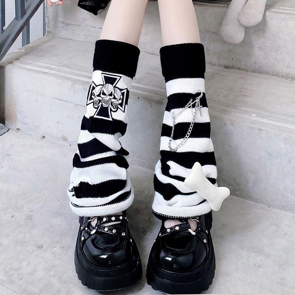Gothic Women Leg Warmers Harajuku Punk Bone Skull Crosses Flared Knitted Foot Cover Winter Warm Long Socks Streetwe