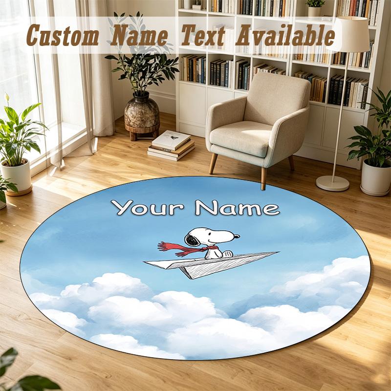 Snoopy Peanuts Personalized Round Rug Support Custom Name, Soft Home Decor Mat