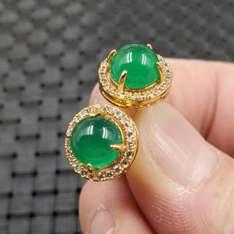 Ice Jade Green Chalcedony Stud & Dangle Earrings with Emerald Green Agate and Diamond Inlay Gold Version