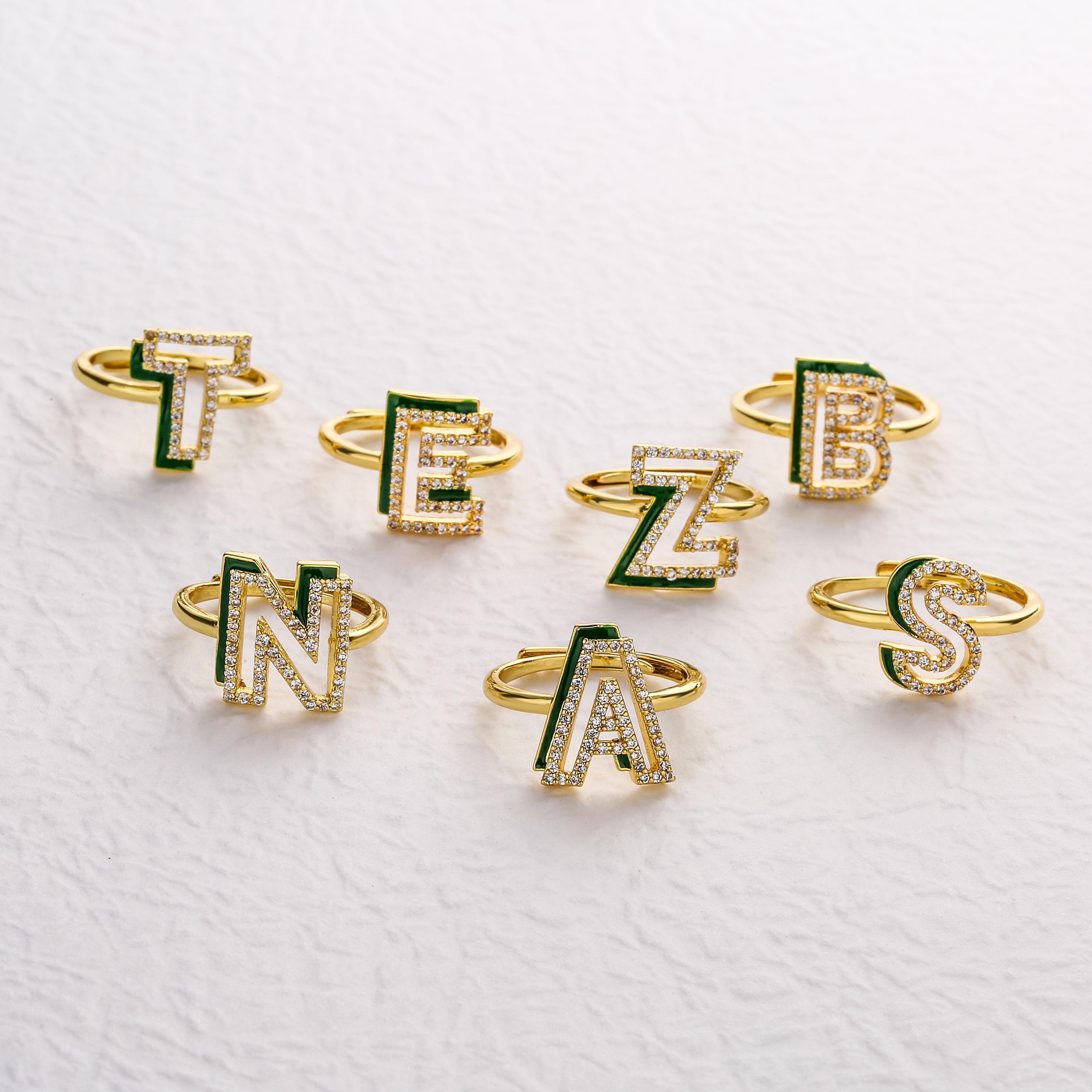 

Brass Enamel Letter Rings for Women Colorful Zircon Hollow out Letters Open Size Adjustable Rings Zircon Birthday Gifts U зелений