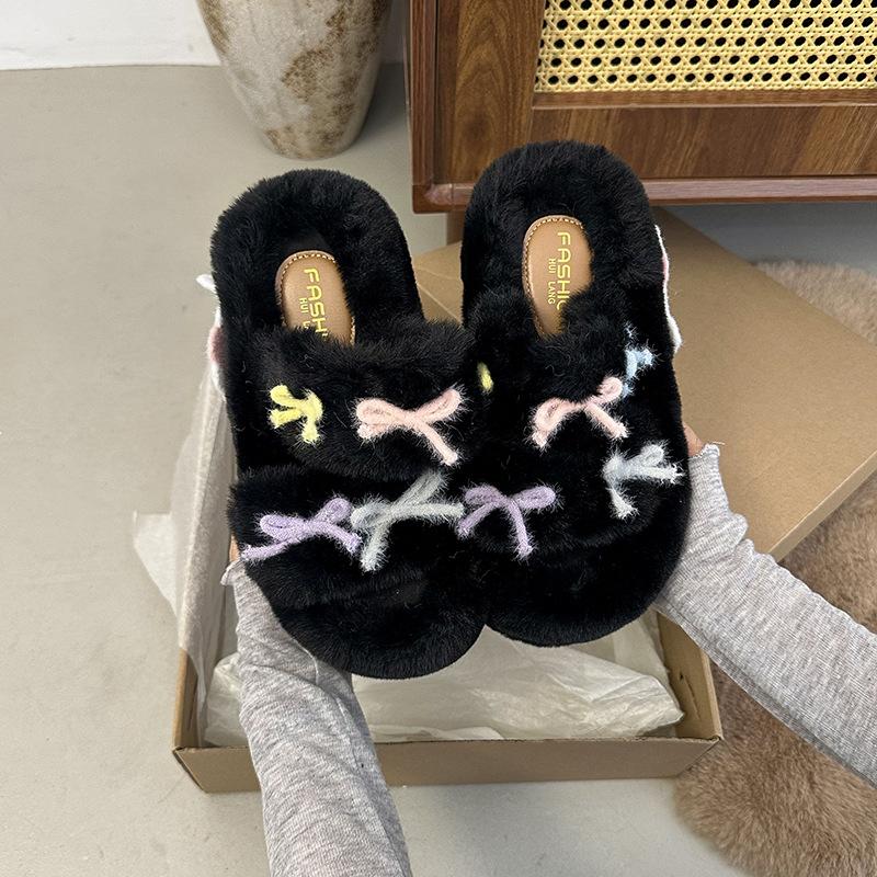 Thick-bottomed bow-tie versatile fluffy slippers 2025 autumn new sweet girl heart fashion outer wear home cotton mop