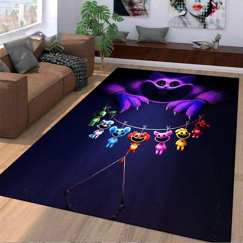 Bunte Charaktere auf dunklem Teppich, geeignet als rutschfeste Matte für das Wohnzimmer oder die Sofaecke im Schlafzimmer