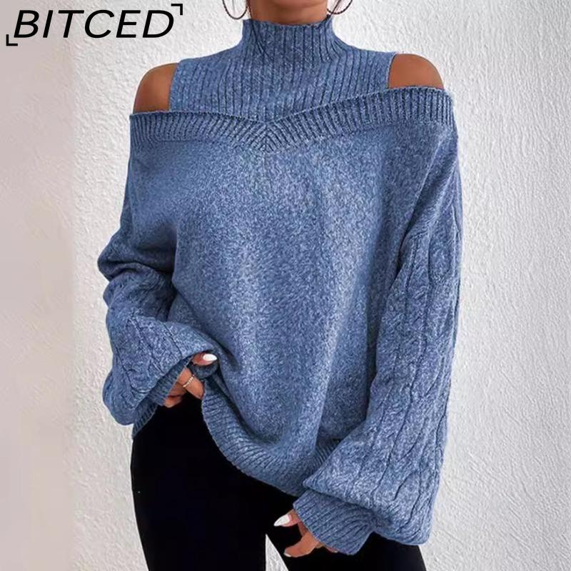 Damen Pullover mit offenen Schultern und halbem Stehkragen für Herbst/Winter - Gestricktes Oversize Top