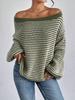 Women's European & American Red One-Shoulder Knit Sweater with Loose Color-Block Stripes and Lantern Sleeves, Perfect for Autumn and Winter