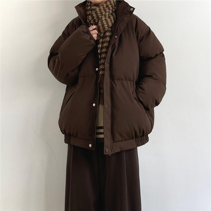 JOYZONE Mens Winter Cotton Jacket - Japanese Vintage Style Thick Warm Loose Fit Stand Collar Solid Color Casual Everyday Wear