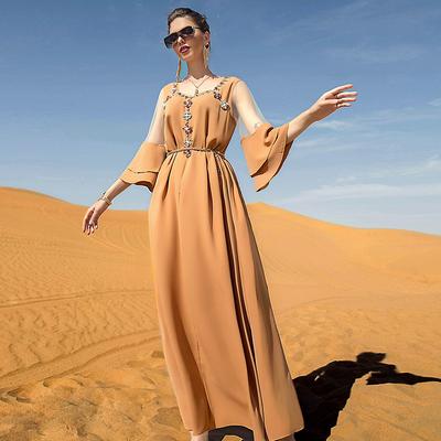 Khaki Ruffle Panel Mesh Slim Fit Dress Dubai Muslim Dress