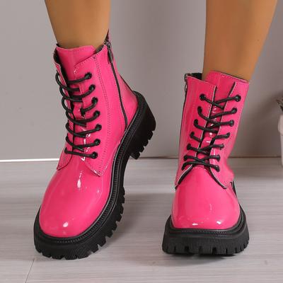 Lacquer Leather Thick Sole Lace Up Mid Length Boots,Handsome Motorcycle Boots,Knight Boots, Short Boots for Women