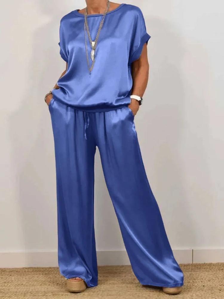 White Oversized Short Sleeve Shirt and Off-White Wide Leg Drawstring Pants Set
