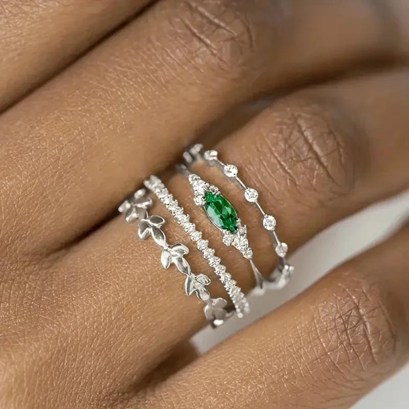 Huitan s/Set Lady Ring with Shiny Green CZ Aesthetic Accessories for Wedding Party Gold Color/CopperColor Trendy Jewelry
