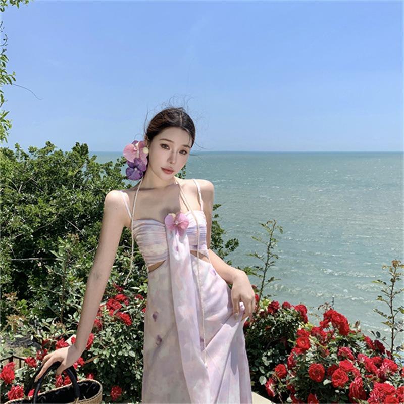 Spot Phalaenopsis Hollow Pleated Purple Suspender Dress Women's Summer New Vacation Dress