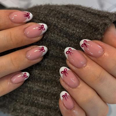 24 Pieces New Simple French White Edge Manicure Valentine's Day Wear Nail Red Bow Repeatable Nail Piece