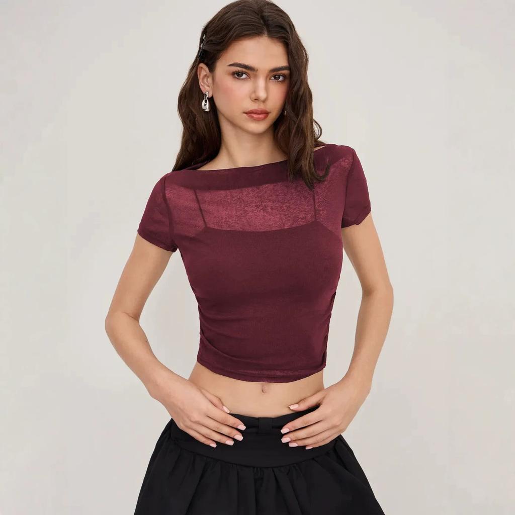 Pure desire wind one-word shoulder mesh short-sleeved top women's summer inner with suspenders, thin versatile short top Spice girl suit