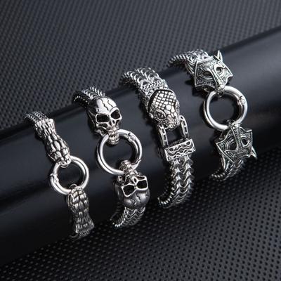 Herren Retro Punk-Stil Edelstahl Schlangenkopf Biestkopf und Totenkopf Armband