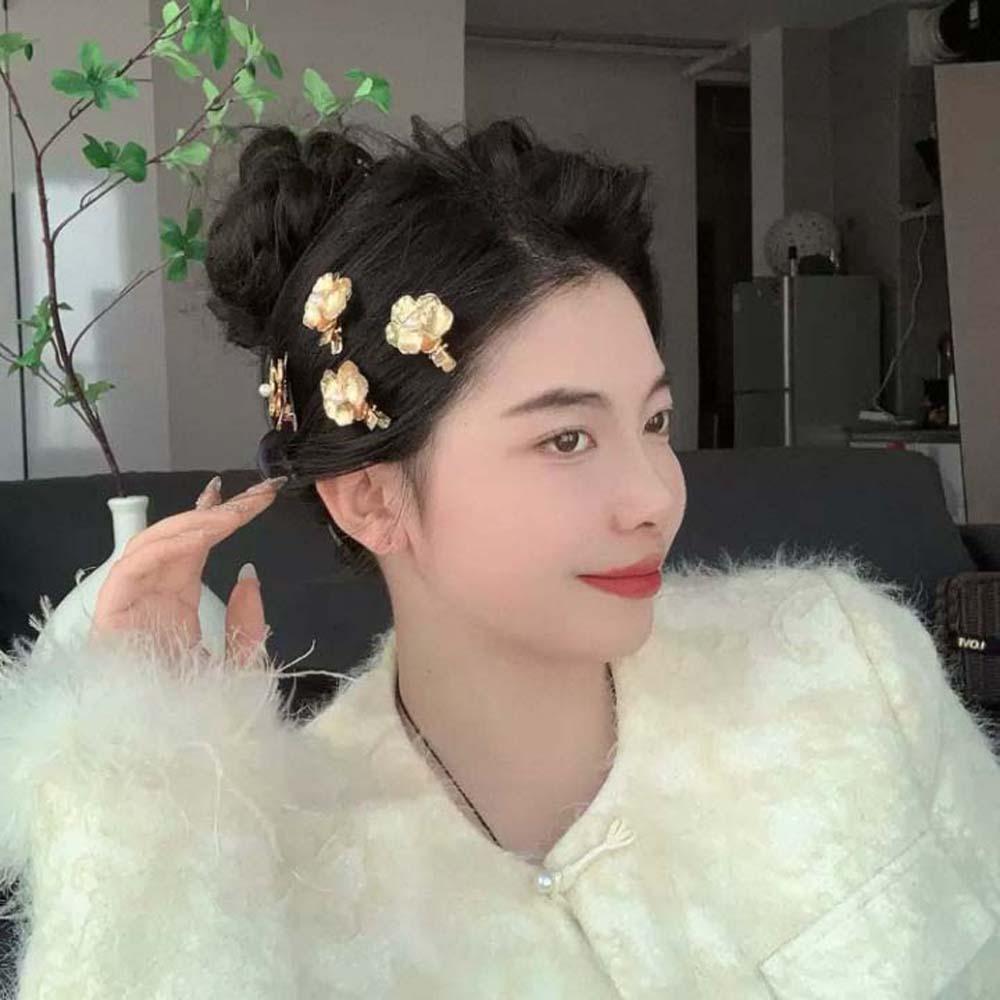 5pcs Hairstyle Tools Golden Flower Hair Forks Elegant Wave Zinc Zinc Alloy Barrettes Pearl Side Clips  Wedding