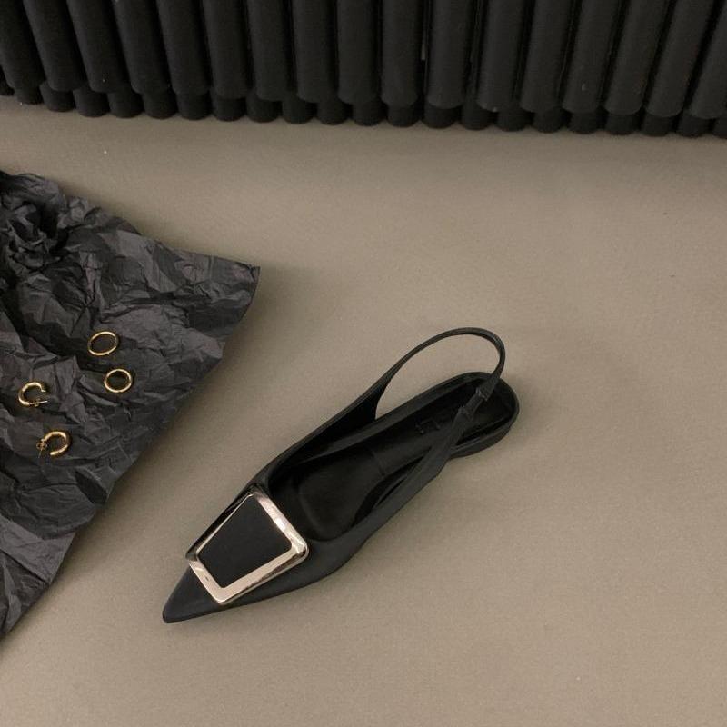 French Flat-soled Black Bag Head Sandals Fairy Shoes 2025 New Spring and Summer Pointed Rhinestone Temperament Single Shoes