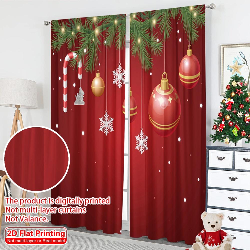 2pcs 2D Flat Printing Christmas Window Curtains Christmas Ornaments Hanging Red Background 100% Polyester Fabric Without