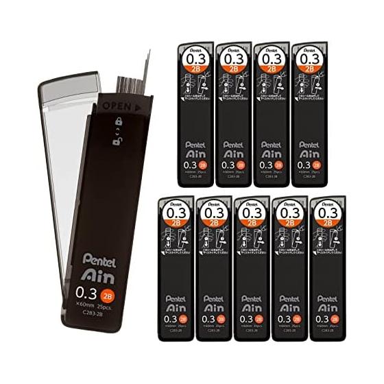 Pentel Ain 0.3mm 2B Pencil Lead Refills, 10 Packs, C283-2B, Smooth, Break-Resistant, Smudge-Proof, High Performance