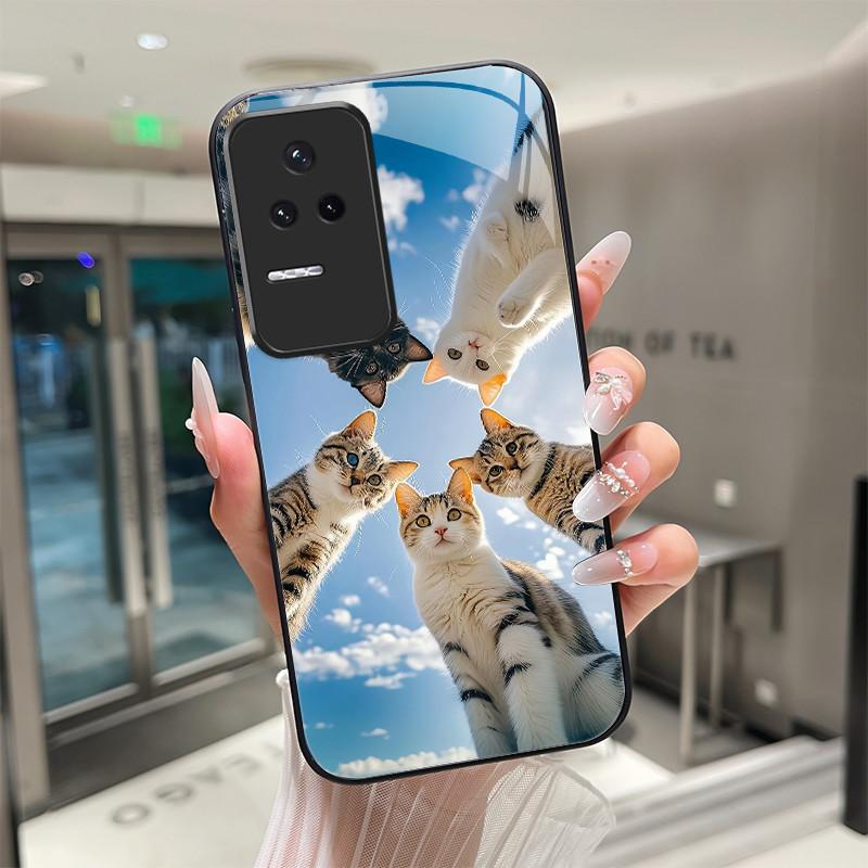 Beautiful Flower Cute Cats Case For Xiaomi Poco F4 5G / Redmi K40S Tempered Glass Phone Case Protective Back Cover Hard Shell