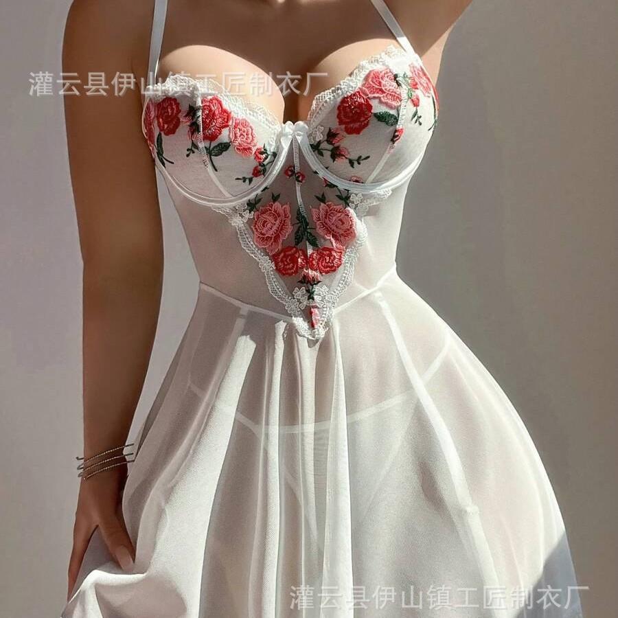 European and American sexy lingerie lace perspective temptation embroidered thong two-piece set new