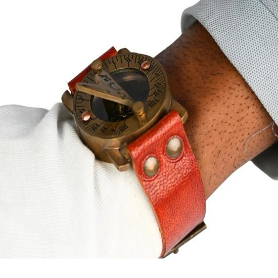 Steampunk Brass Sundial Compass Wristwatch Leather Strap Timepiece