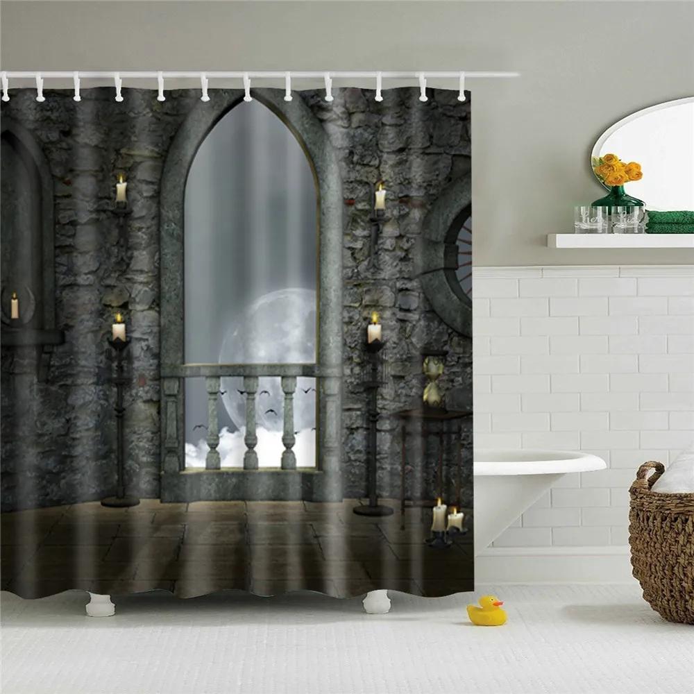 Wooden Door Shower Curtains Bathroom Curtain Stripes Letters Printed Waterproof Bath Screen Curtain for Home Decor with Hooks