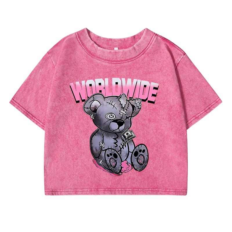 

Всемирная Милый Медведь Мультяшный Принт Женская Короткая Футболка для Стирки Открывающая Живот Футболка Топы Винтажная Потертость O-Образный Вырез Одежда XL