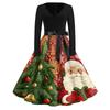 Women's Retro V-Neck Christmas Print Dress with Snowflake and Christmas Tree Pattern