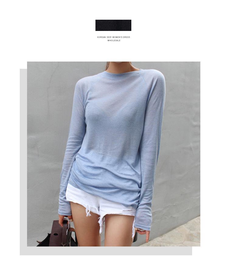 Light Blue Sheer Long Sleeve Casual T-shirt for Women – Sexy and Comfortable