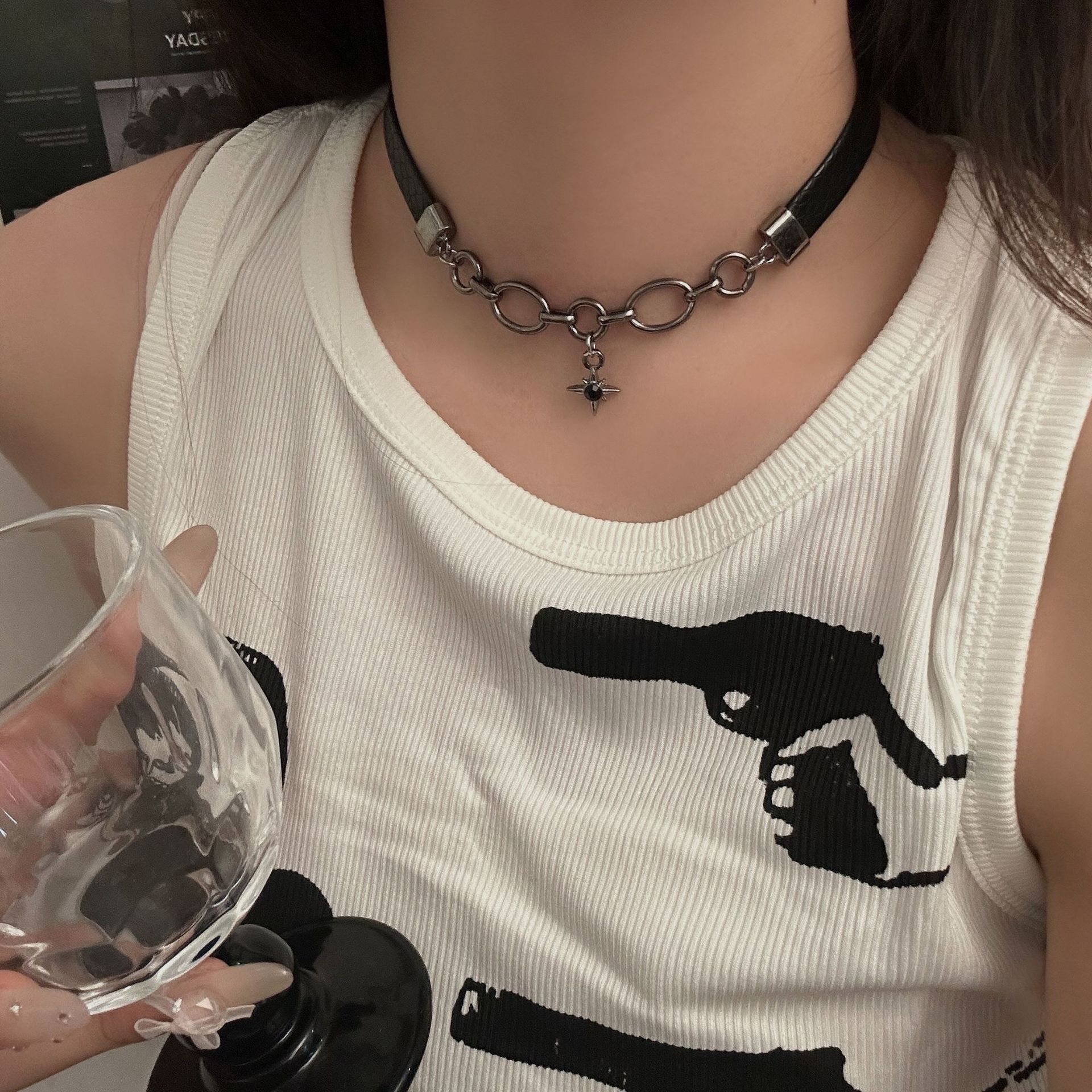 Black Versatile Choker Necklace Women s Gun Black Chain Starlight Pendant Collar Dark Wind Spice Girl Necklace