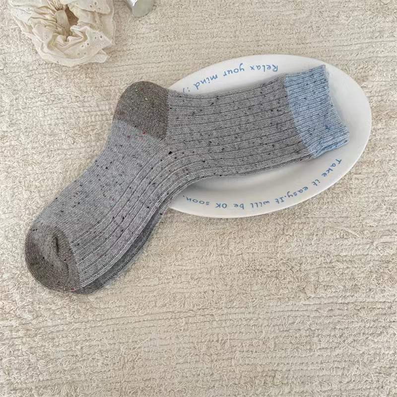 Korean Color-Blocking Thickened Point Yarn Wool Socks For Women Warm Boneless Pile Socks Versatile Mid-Tube Socks
