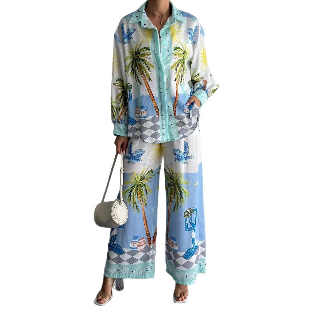 Europäisches und Amerikanisches Neues Mode-Personalisierte-Bedruckte Leinen-Langarmhemd und Hose Zweiteiliges Set