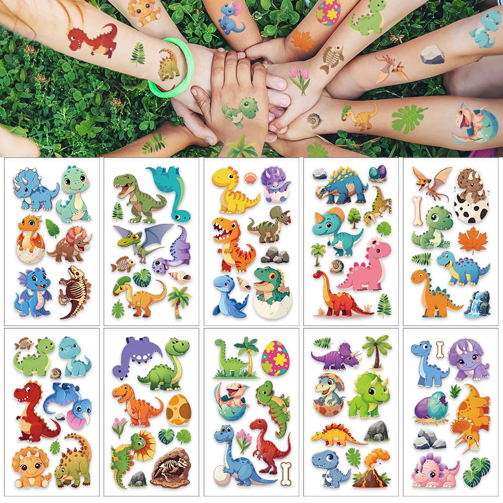 10 folhas de adesivos de tatuagem de dinossauro fofos com desenho animado para rosto, braço e corpo, adesivos temporários à prova d'água para festa infantil, presentes