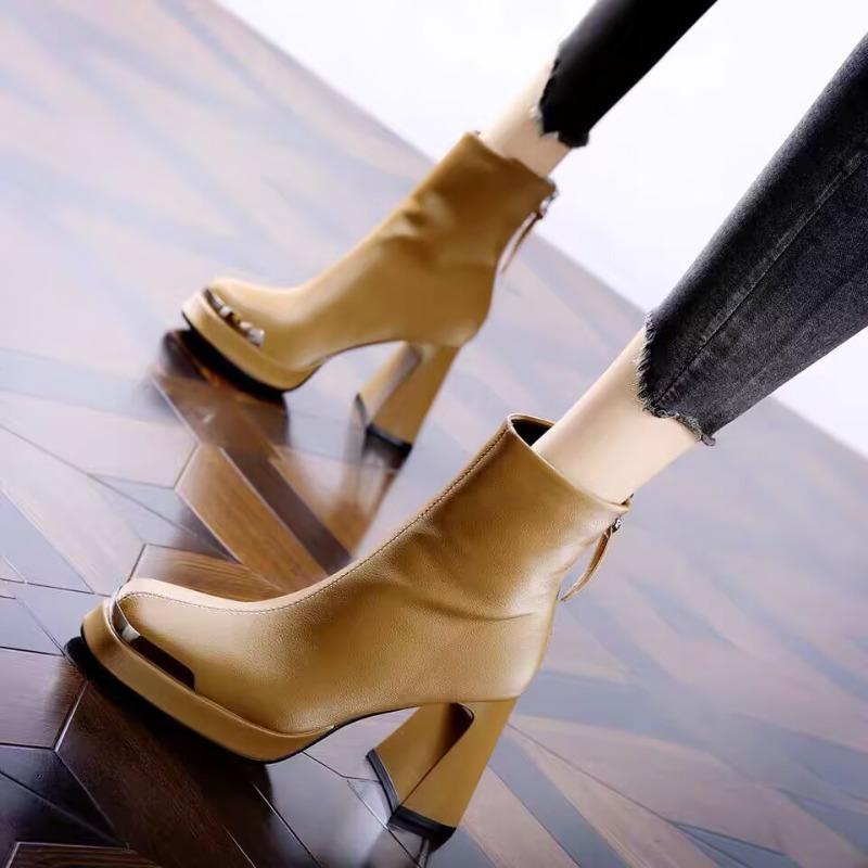 

Fashion French Fashion High-heeled Booties Women s 2025 Autumn and Winter New Metal Square Toe Block Heel Stretch All-match Boots 40