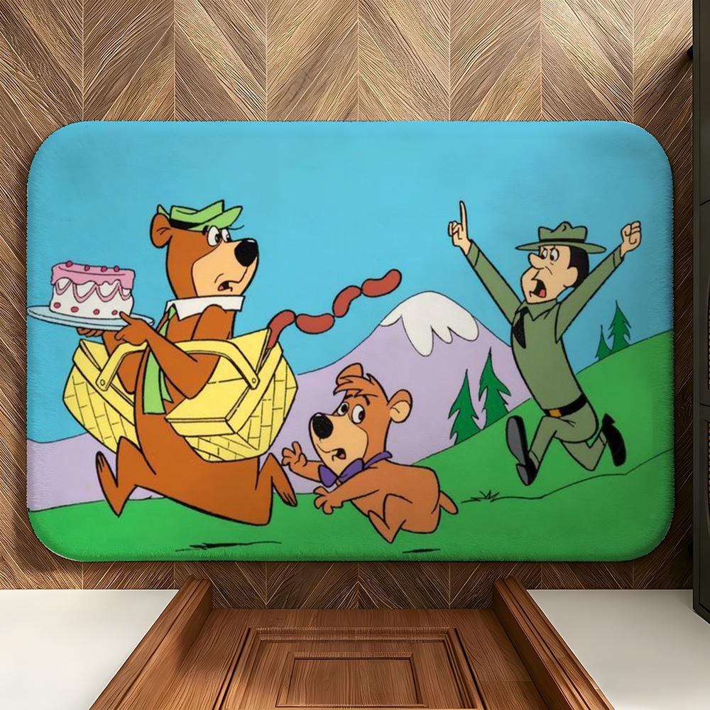 Cartoon Y-Yogi B-Bear Floor Mat Soft Flannel Floor Mat Suitable for Entryways, Living Rooms, Bedrooms, and Bathrooms