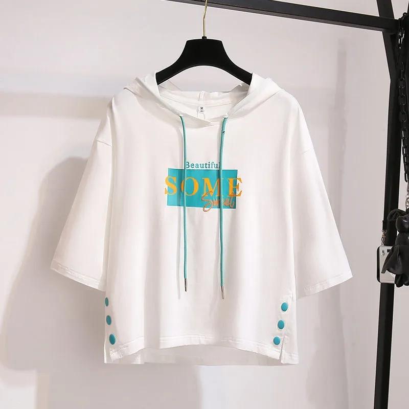 Short Sleeve 7 / 3 Sleeve Hooded Sweater Women's Middle Sleeve Spring and Summer Korean Loose Hooded Top