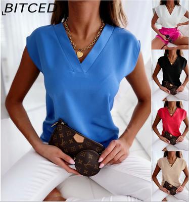 Dames Zomer Blouse Shirt met V-hals en Korte Mouwen in Effen Kleur