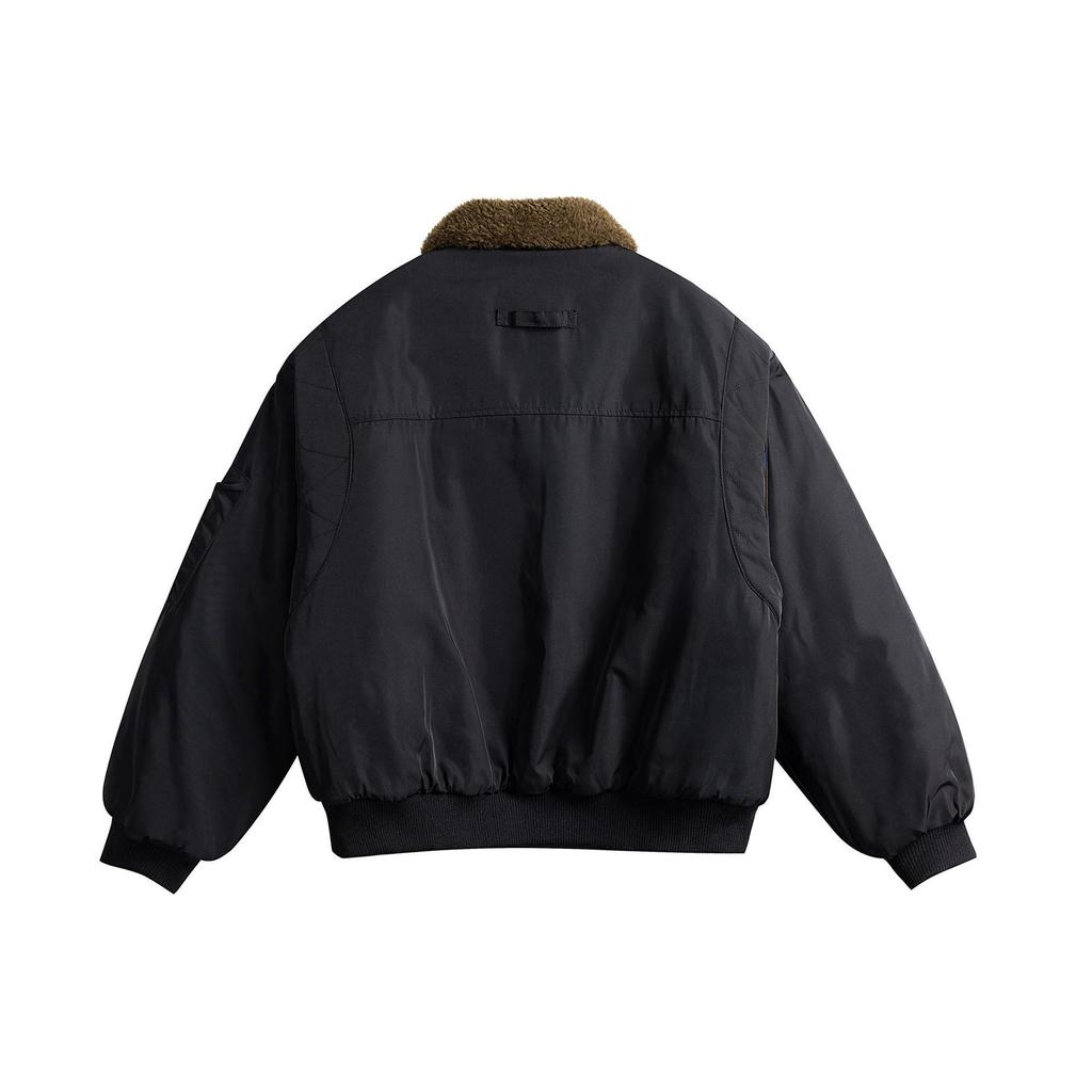 2025 Winter Men's Black Retro Color Block Jacket with Lambswool Lapel