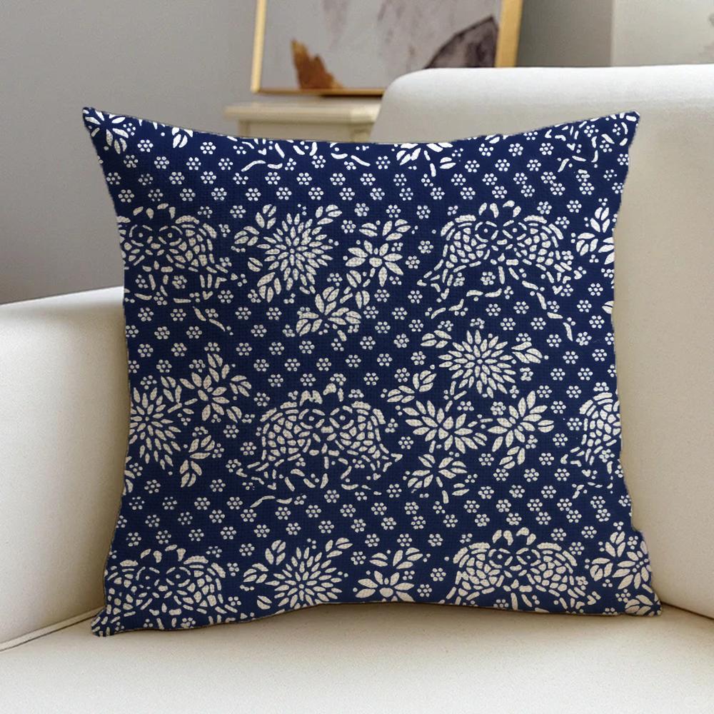B-Blue Calico Cushion Cover Cushion Cover Pillowcase, Anti-Mite Invisible Zipper, Linen Sofa Cushion