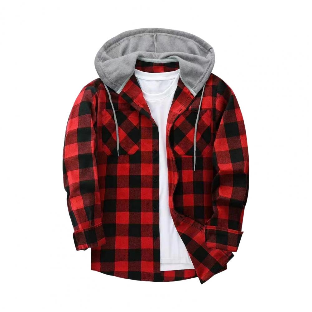Fall Spring Men Shirt Hooded Drawstring Long Sleeves Color Matching Plaid Print Single-breasted Daily Wear School Home Shirt Coa