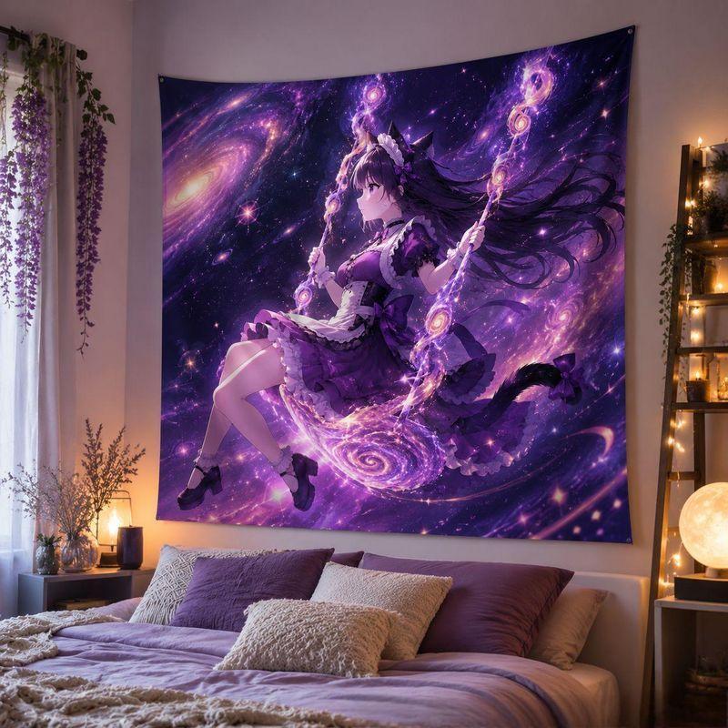 Cat Maid Anime Blacklight Tapestry Galaxy Neon Wall Hanging Trippy Aesthetic Gaming Bedroom Dorm Decor