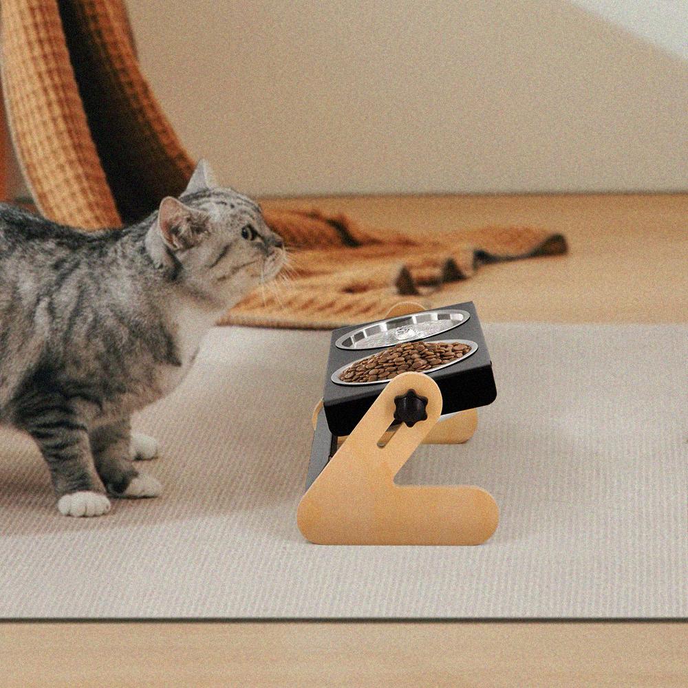 Elevated Pet Feeder Dog Cat Bowls Stainless Steel For Food And Water Wooden Frame