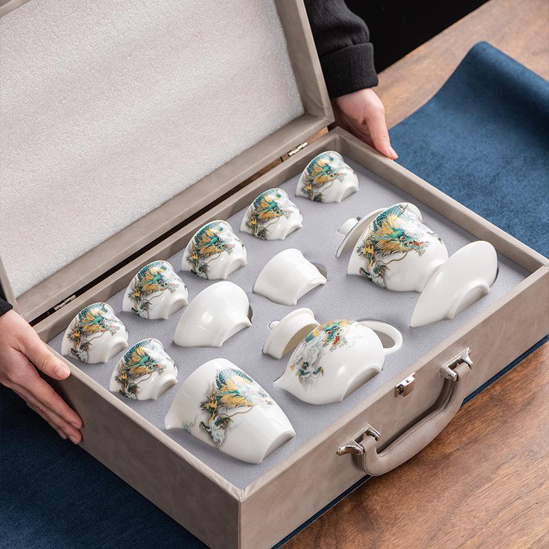 Kung Fu Teeset, Guochao Keramik Deckelschale, Haushalts-Komplettset Teetassen für Führungskräfte, Geschäftsgeschenke