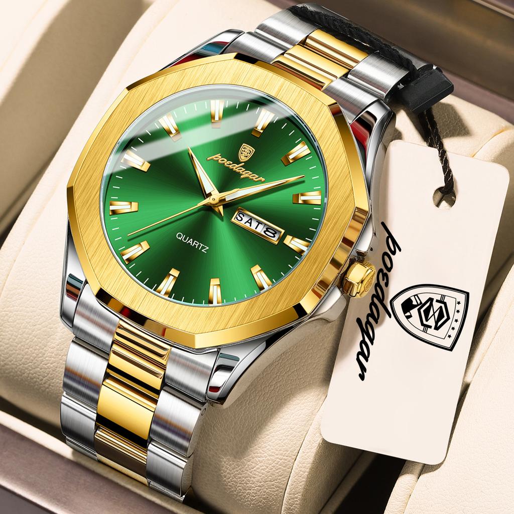 POEDAGAR Luxury Men Wristwatch Waterproof Luminous Week Date Casual Clock Stainless Steel Quartz Fashion Watches Reloj