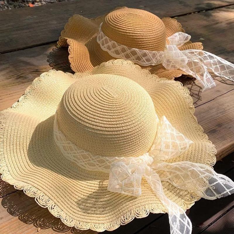 Big Brim Sun Hat Seaside Beach Idyllic Forest Bow Streamer Straw Hat Female Summer Flower Tulip