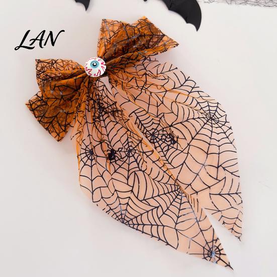 Lightweight Hair Clip Halloween Spider Web Bow Clip, Pumpkin Eyeball Tulle with Long Tails, Women Accessories for Holiday Party