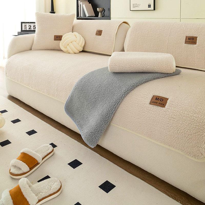 Lamb Plush Sofa Cushion for Autumn and Winter Thick Warm Solid Cushion for Living Room Anti Slip Furniture Protection Slipcover
