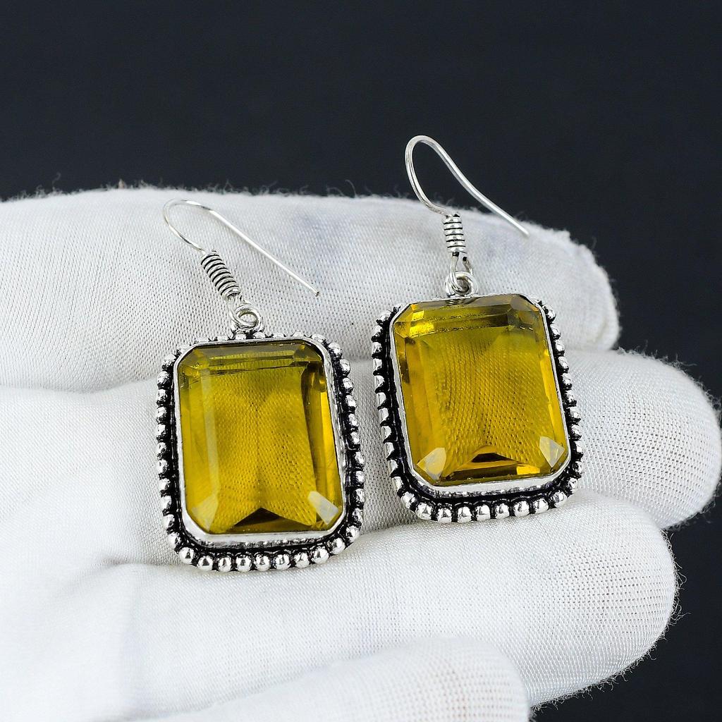 Citrine Gemstone Earring, 925 Sterling Silver Earring, Boho Silver Earring Jewelry, Bohemian Earring For Gifts, Women's Jewelry Earring