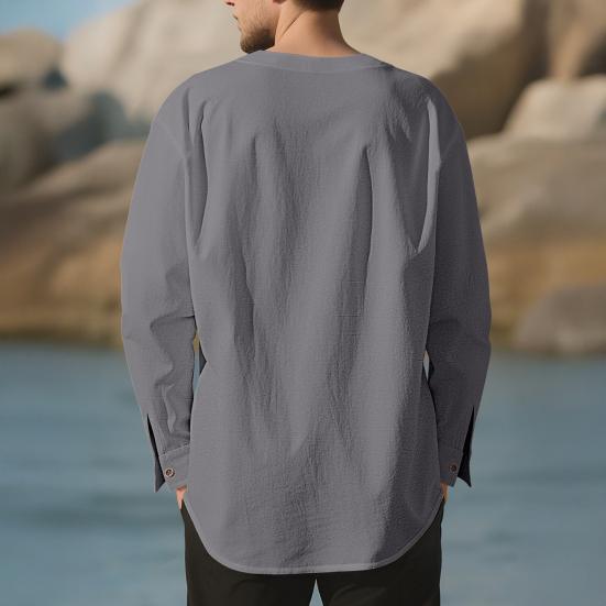 Men Shirt Round Neck Long Sleeve Loose Fit Shirt Pure Color Pleated Casual