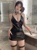 New Sexy Home Short Dress Elegant Pu Patchwork Mesh Tight Bodycon Dress Nightdress Bodycon Strap Pure Desire Dresses 657P