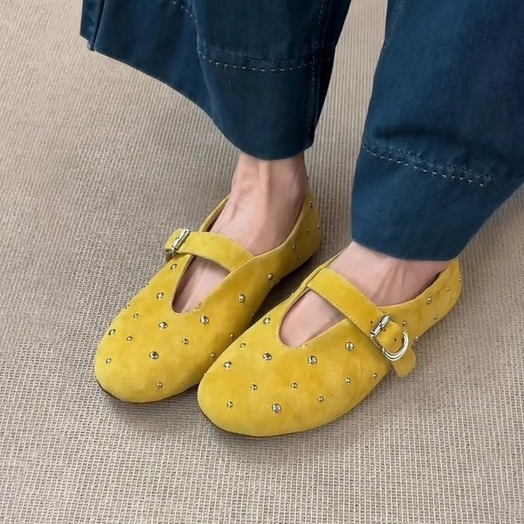 Soft leather version~ frosted leather shallow mouth small single shoes women's retro rivet round head Mary Jane shoes flat comfortable grandma shoes